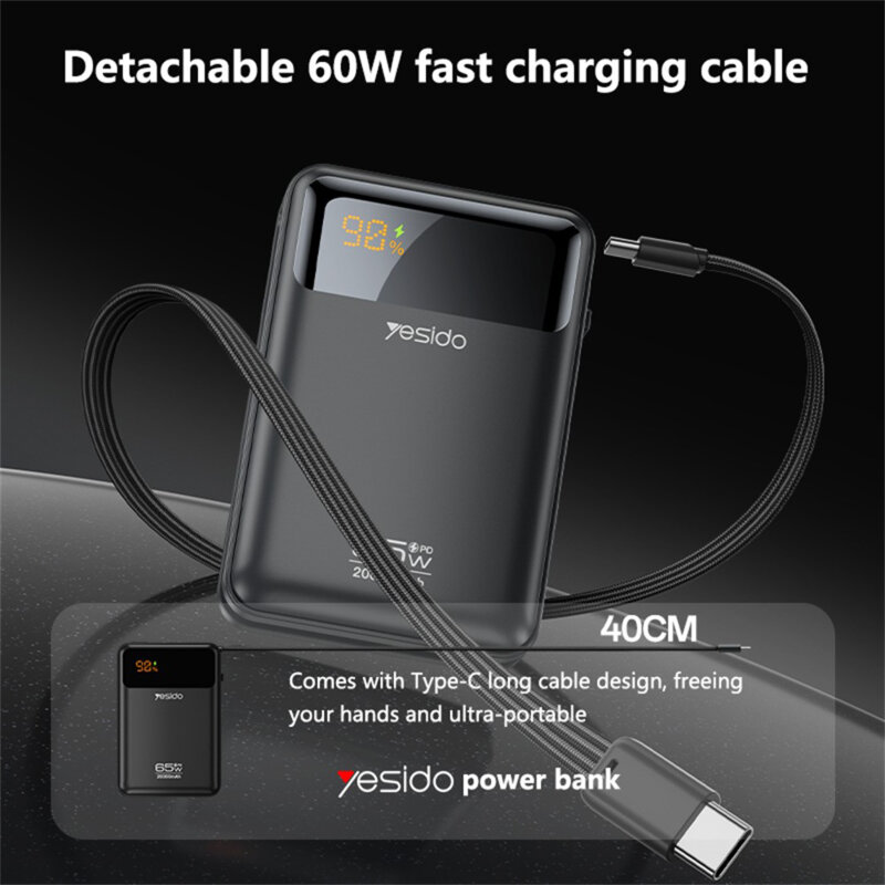 Baterie externa 20000mAh Fast Charge cu cablu, LED Yesido, gri