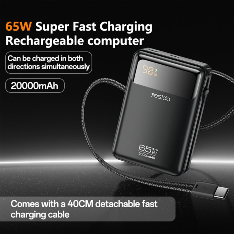 Baterie externa 20000mAh Fast Charge cu cablu, LED Yesido, gri