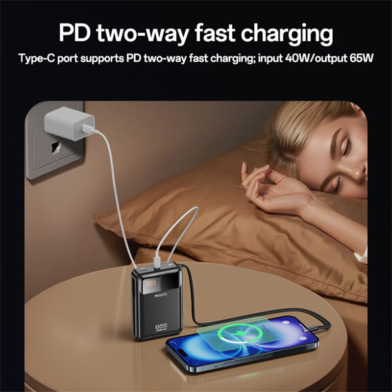 Baterie externa 20000mAh Fast Charge cu cablu, LED Yesido, gri