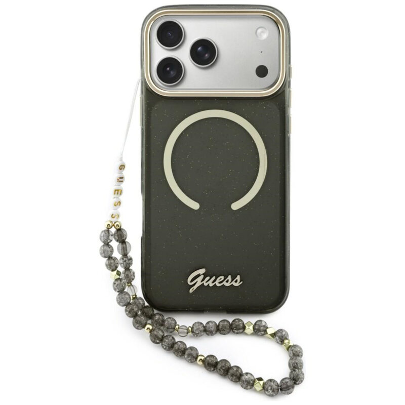 Husa Guess IML Glitter Script Strap MagSafe iPhone 17 Pro Max cu sclipici, negru
