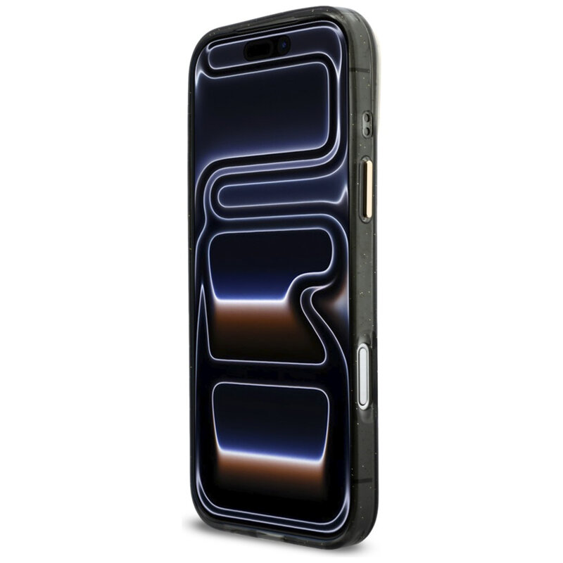 Husa Guess IML Glitter Script Strap MagSafe iPhone 17 Pro Max cu sclipici, negru