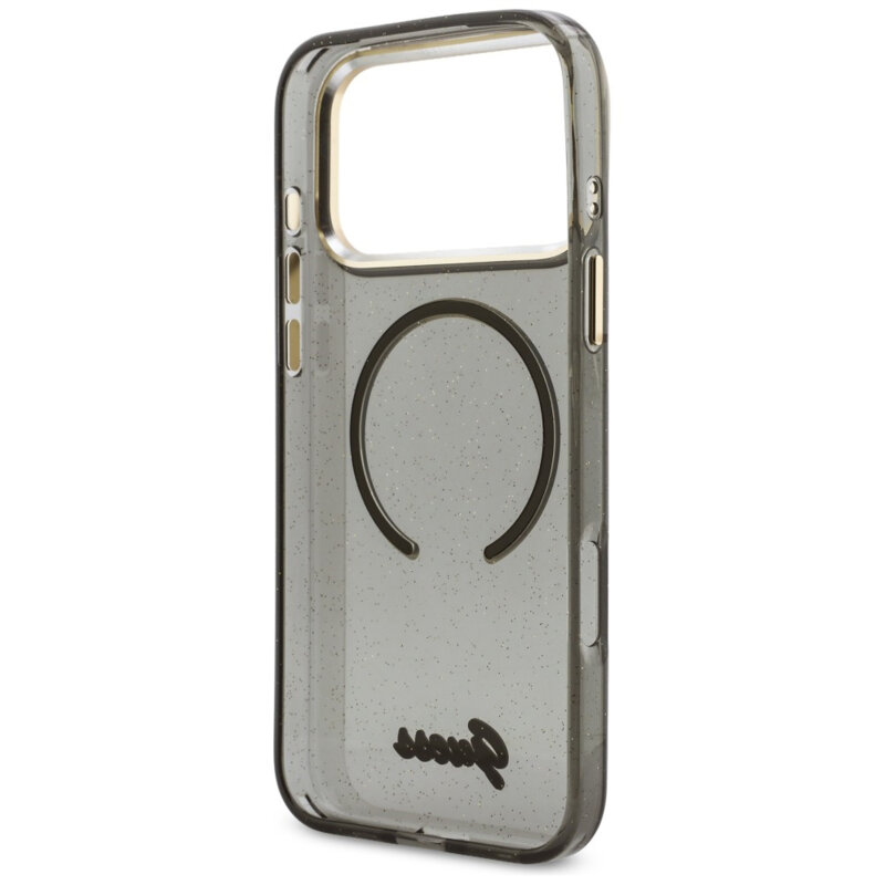 Husa Guess IML Glitter Script Strap MagSafe iPhone 17 Pro Max cu sclipici, negru
