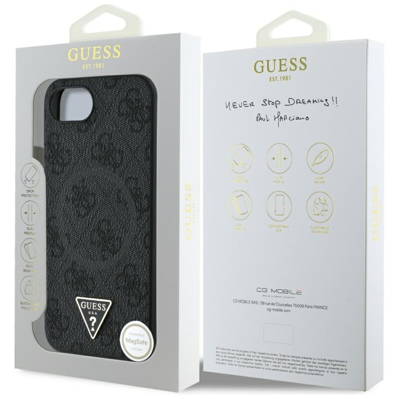 Husa iPhone 17e Guess 4G Ring Triangle Logo MagSafe, negru, GUHMPSE4P4TDPK