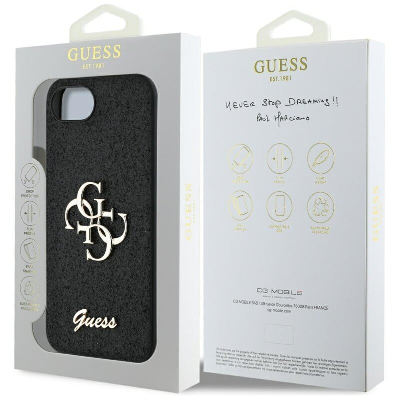 Husa Guess Glitter Fixed Big 4G iPhone 17e cu sclipici, negru, GUHCPSE4HG4SGK