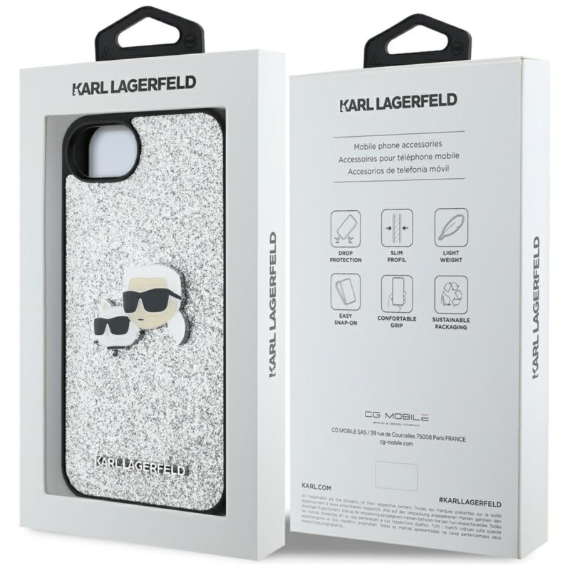 Husa Karl Lagerfeld iPhone 17e Hardcase Glitter Fixed, argintiu, Karl&Choupette Head, KLHCPSE4PFGKCPS
