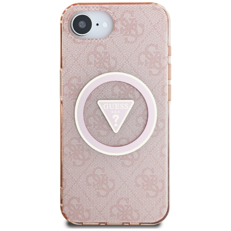 Husa iPhone 17e originala Guess IML Metal Glitter 4G Circle Triangle MagSafe, roz, GUHMPSE4HG4PRTGP