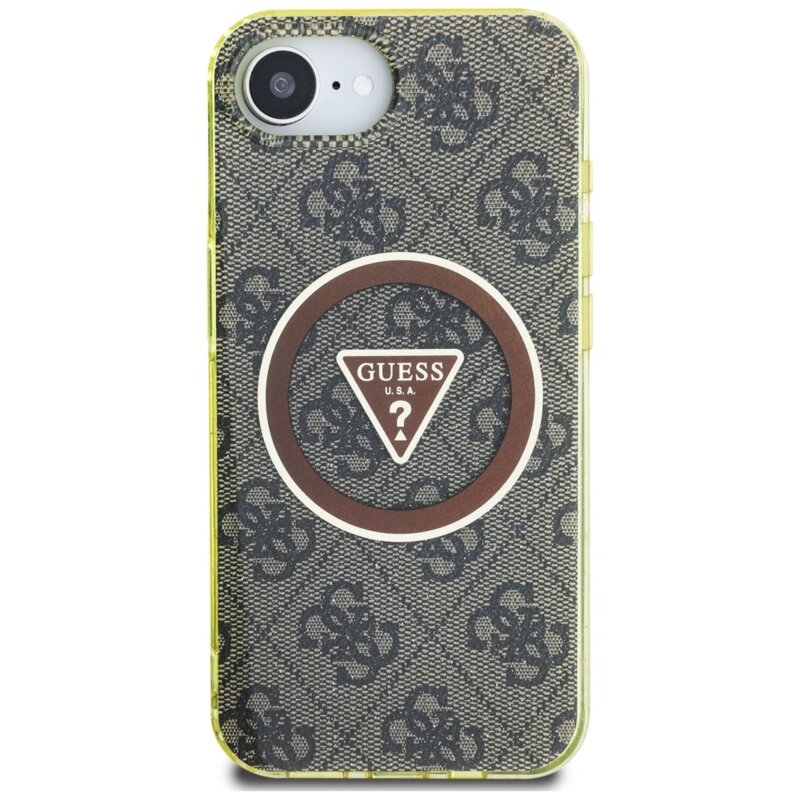 Husa iPhone 17e originala Guess IML Metal Glitter 4G Circle Triangle MagSafe, maro, GUHMPSE4HG4PRTGW