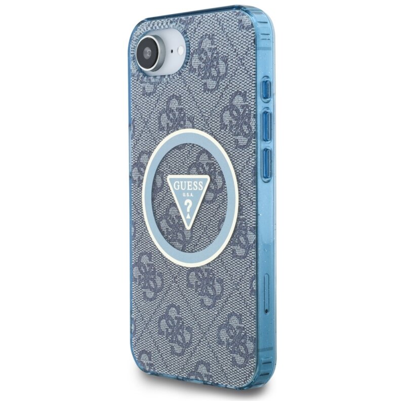 Husa iPhone 17e originala Guess IML Metal Glitter 4G Circle Triangle MagSafe, albastru, GUHMPSE4HG4PRTGB