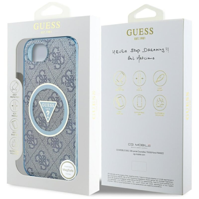 Husa iPhone 17e originala Guess IML Metal Glitter 4G Circle Triangle MagSafe, albastru, GUHMPSE4HG4PRTGB