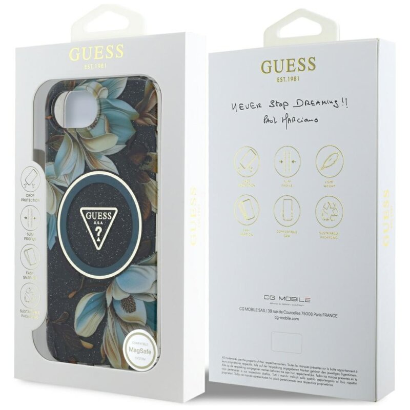 Husa iPhone 17e originala Guess IML Metal Glitter Flowers Triangle MagSafe, negru, GUHMPSE4HFLPEDK