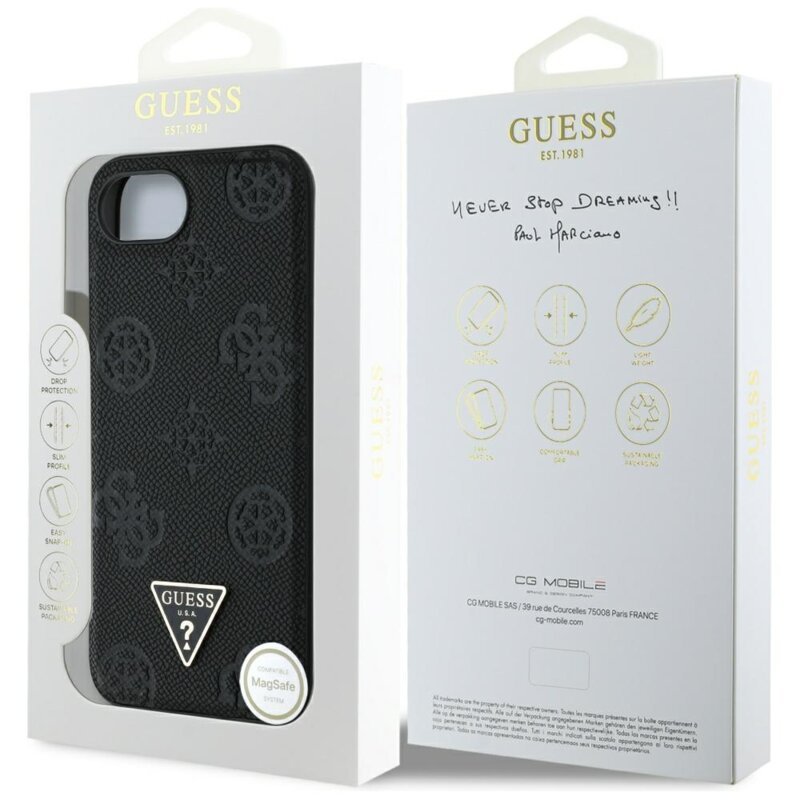 Husa iPhone 17e Guess Peony Grained Hot Stamp Triangle Logo MagSafe, negru, GUHMPSE4PGBTMK
