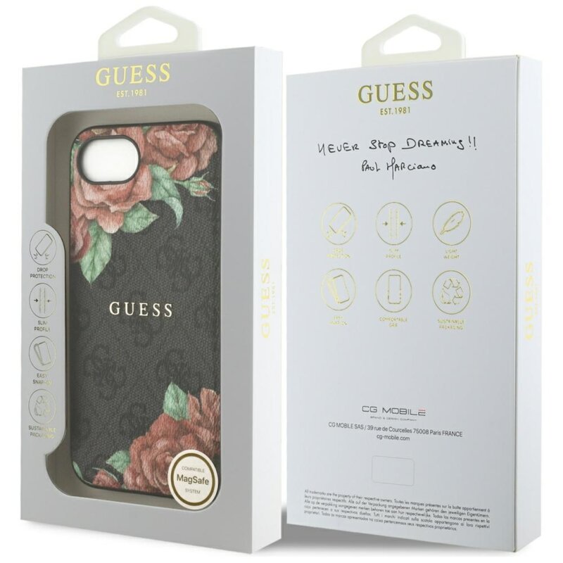 Husa originala Guess iPhone 17e Hardcase 4G Flower Print MagSafe, negru, GUHMPSE4P4ROPEMCK