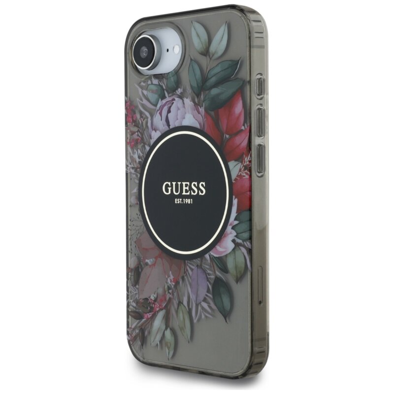 Husa iPhone 17e originala Guess IML Flowers MagSafe, negru, GUHMPSE4HFWBRCEK