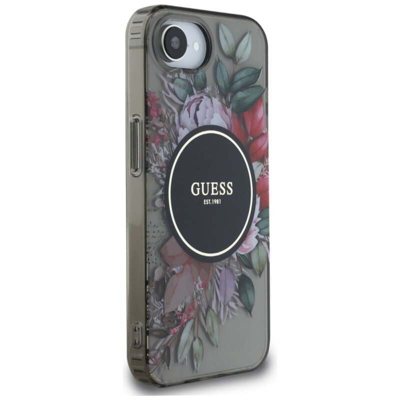 Husa iPhone 17e originala Guess IML Flowers MagSafe, negru, GUHMPSE4HFWBRCEK