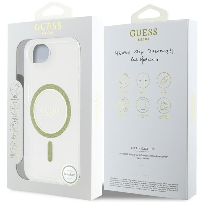Husa iPhone 17e originala Guess IML Glitter Circle MagSafe, transparenta, GUHMPSE4HFGERET