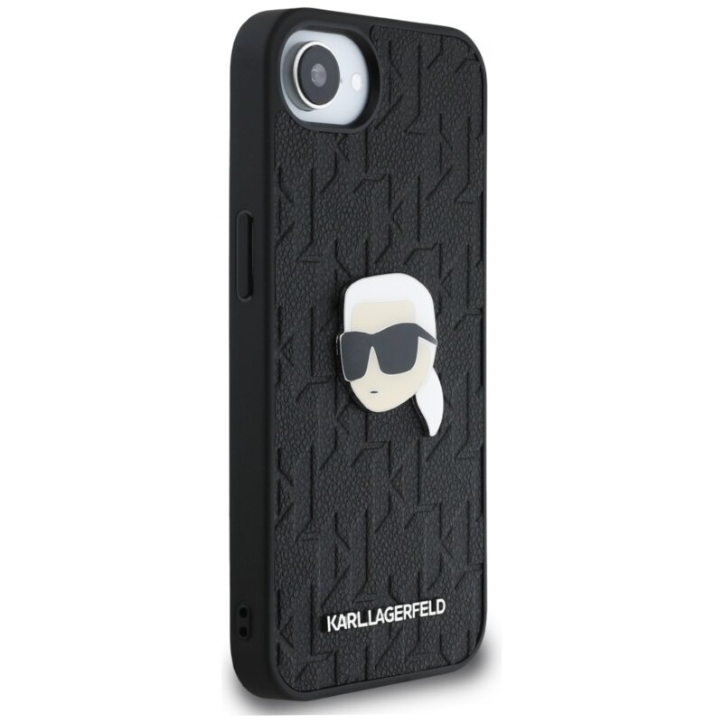 Husa iPhone 17e Karl Lagerfeld Hardcase Leather Monogram, negru, Karl Head Pin, KLHCPSE4PGKLKIPK