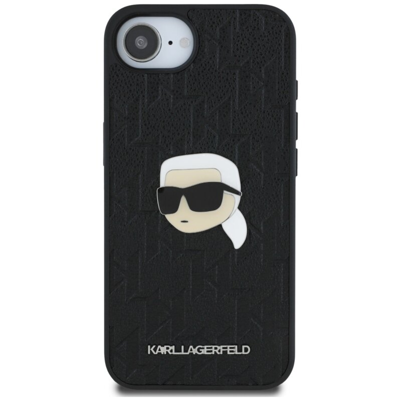 Husa iPhone 17e Karl Lagerfeld Hardcase Leather Monogram, negru, Karl Head Pin, KLHCPSE4PGKLKIPK