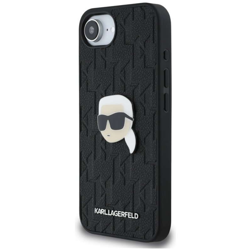 Husa iPhone 17e Karl Lagerfeld Hardcase Leather Monogram, negru, Karl Head Pin, KLHCPSE4PGKLKIPK
