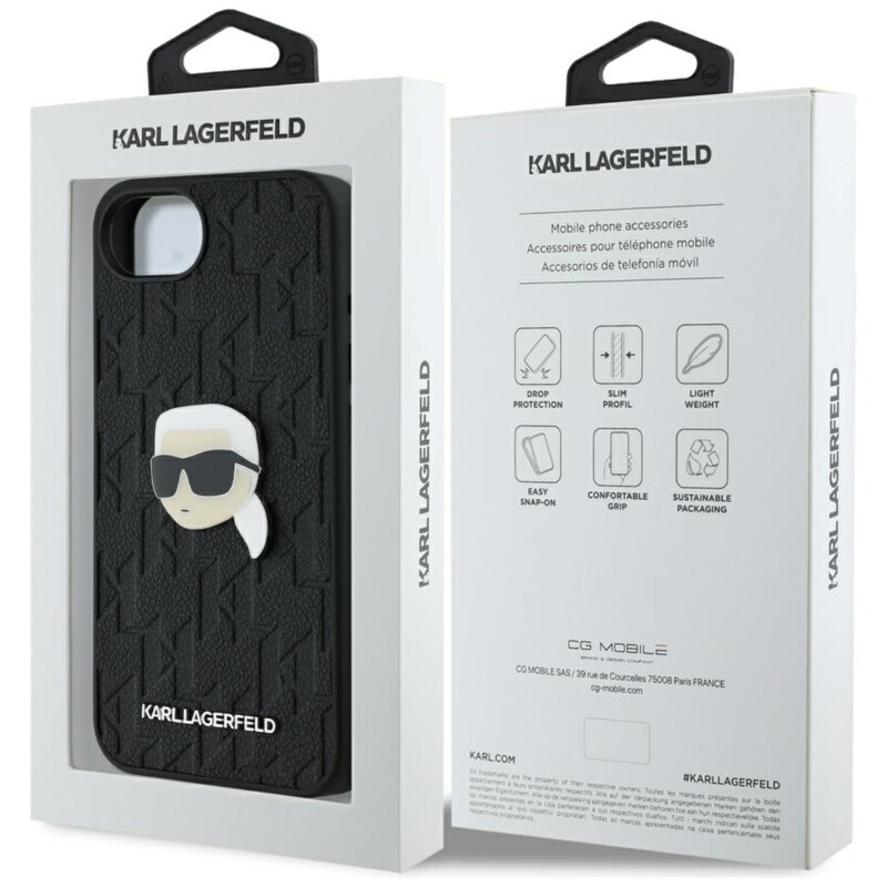 Husa iPhone 17e Karl Lagerfeld Hardcase Leather Monogram, negru, Karl Head Pin, KLHCPSE4PGKLKIPK