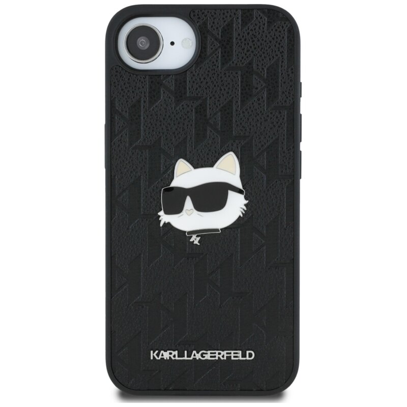 Husa iPhone 17e Karl Lagerfeld Hardcase Leather Monogram, negru, Choupette Head Pin, KLHCPSE4PGKLCHPK