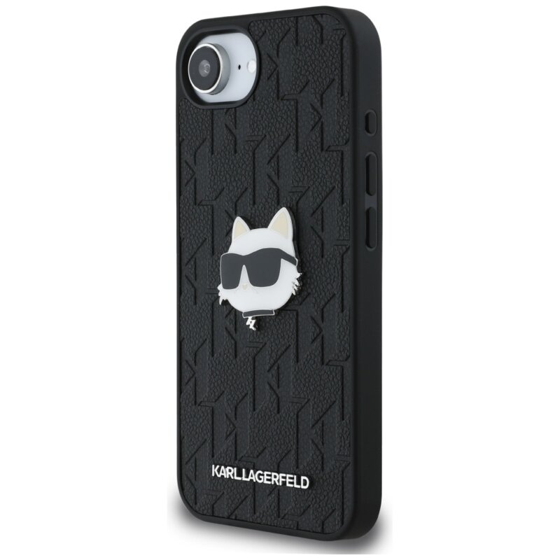 Husa iPhone 17e Karl Lagerfeld Hardcase Leather Monogram, negru, Choupette Head Pin, KLHCPSE4PGKLCHPK
