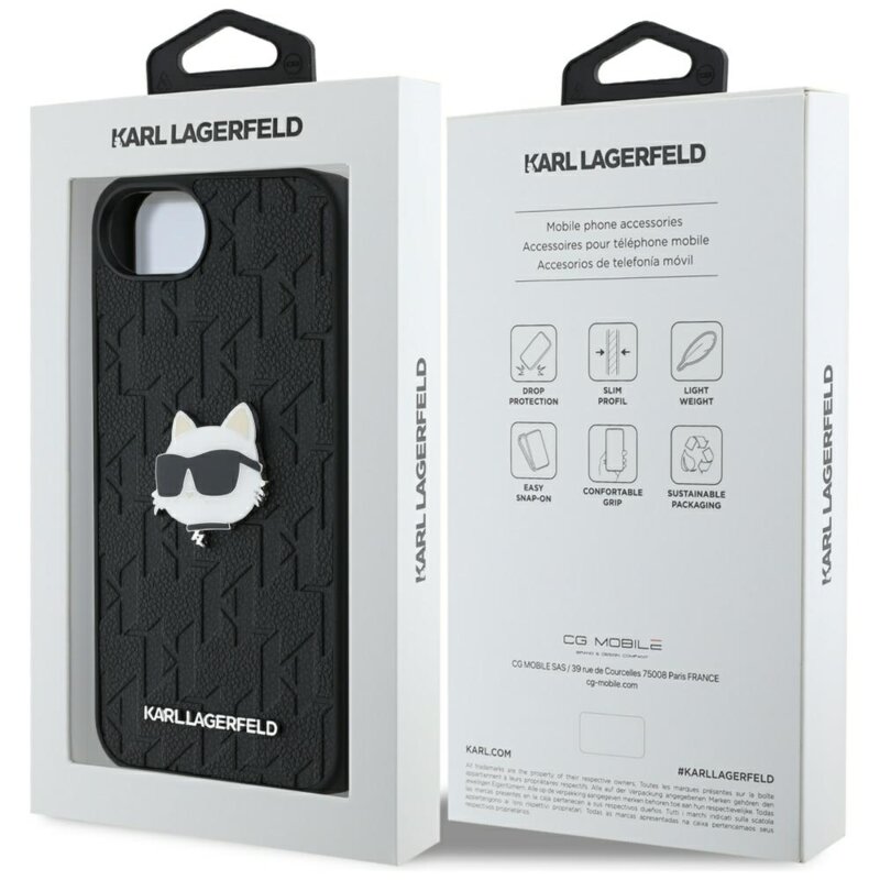 Husa iPhone 17e Karl Lagerfeld Hardcase Leather Monogram, negru, Choupette Head Pin, KLHCPSE4PGKLCHPK