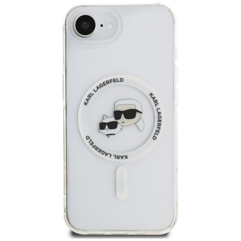 Husa iPhone 17e originala Karl Lagerfeld IML MagSafe, alb, Metal Karl&Choupette Head, KLHMPSE4HLSKCH