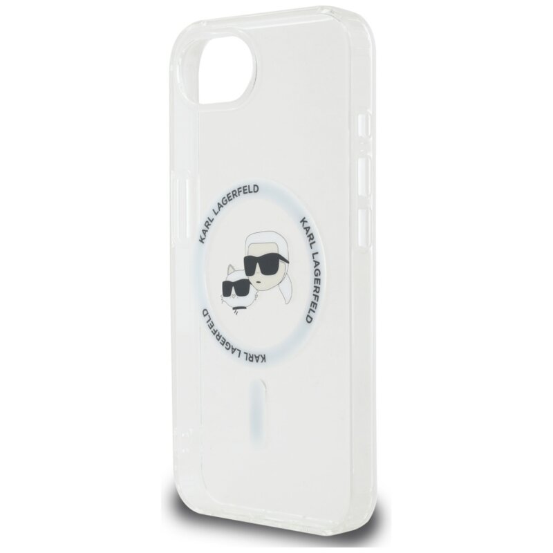 Husa iPhone 17e originala Karl Lagerfeld IML MagSafe, alb, Metal Karl&Choupette Head, KLHMPSE4HLSKCH