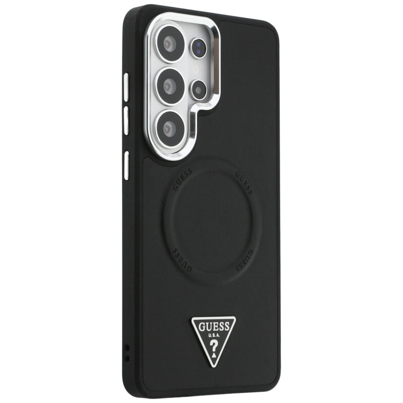 Husa Samsung Galaxy S26 Ultra Guess Embossed Ring Triangle Logo MagSafe, negru, GUHMS26LPSDTSCMK