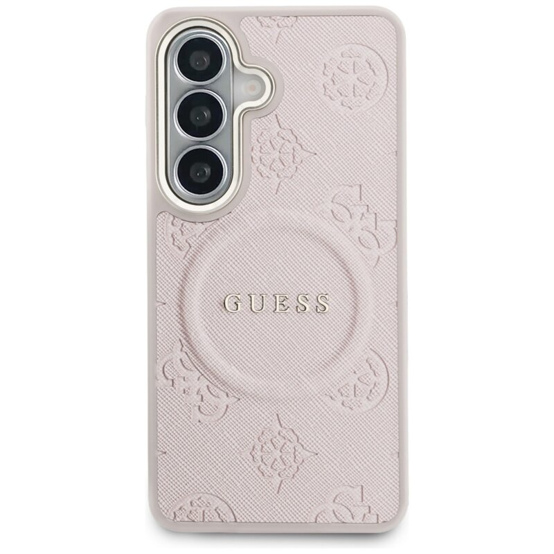 Husa Guess Saffiano Peony Embossed Ring MagSafe Samsung Galaxy S26, roz, GUHMS26SPSAMSECP