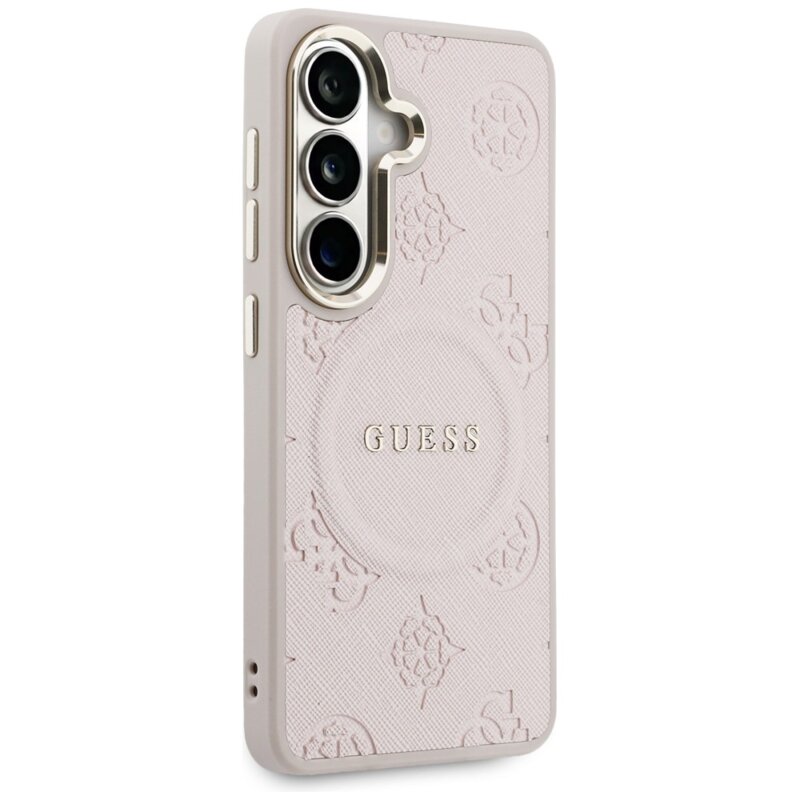 Husa Guess Saffiano Peony Embossed Ring MagSafe Samsung Galaxy S26, roz, GUHMS26SPSAMSECP