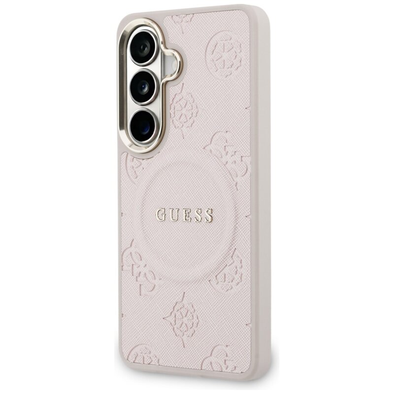 Husa Guess Saffiano Peony Embossed Ring MagSafe Samsung Galaxy S26, roz, GUHMS26SPSAMSECP