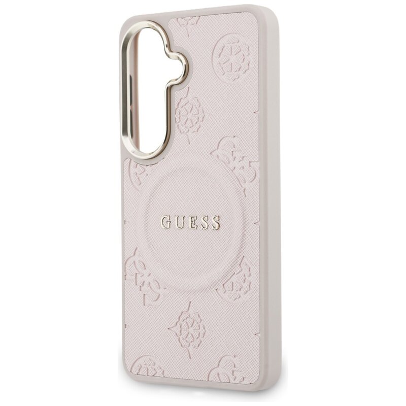 Husa Guess Saffiano Peony Embossed Ring MagSafe Samsung Galaxy S26, roz, GUHMS26SPSAMSECP