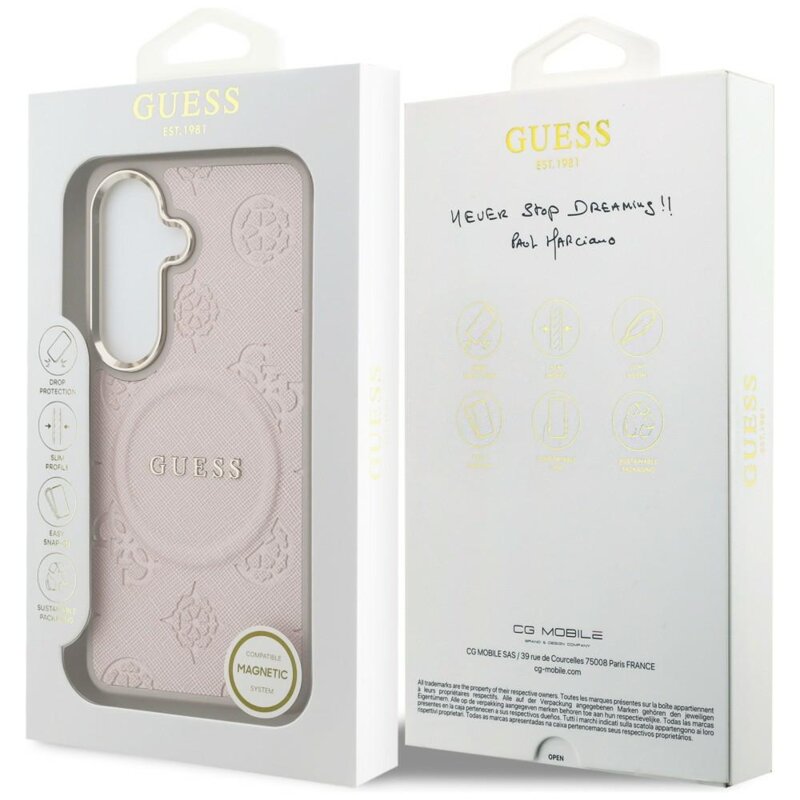 Husa Guess Saffiano Peony Embossed Ring MagSafe Samsung Galaxy S26, roz, GUHMS26SPSAMSECP