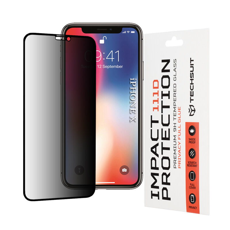 Folie sticla iPhone X, iPhone 10 Techsuit 111D Privacy Full Glue, negru