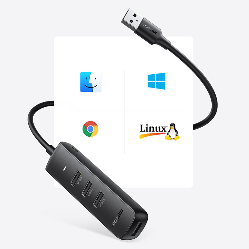 Hub 4 x USB, Type-C 12V Ugreen, 5Gbps, 0.25m, negru, 10915