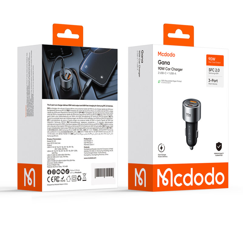 Incarcator auto compact 2x Type-C, USB, 90W, Mcdodo Cool Series, CC-3110