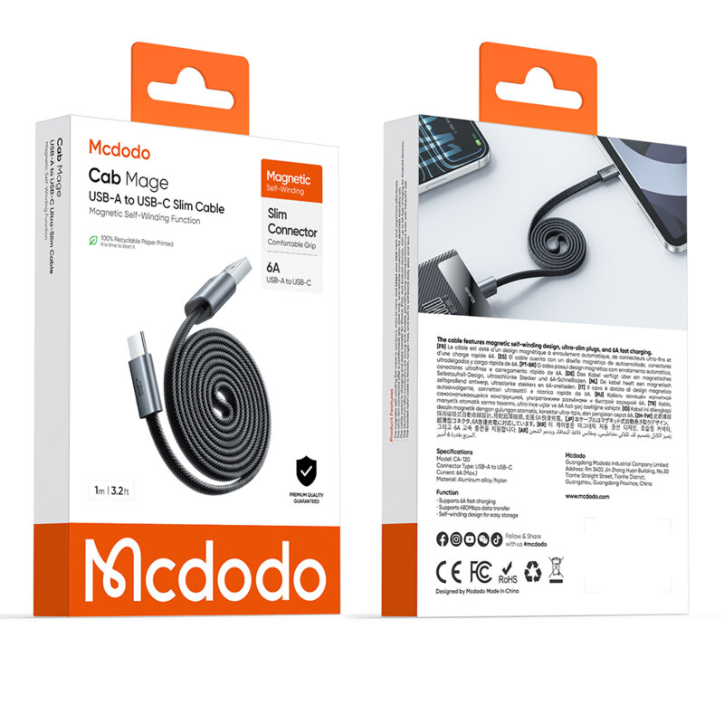 Cablu magnetic USB la Type-C 6A Mcdodo, 1m, CA-1200, negru