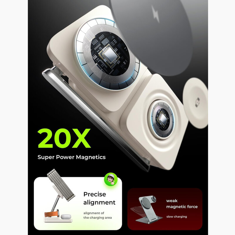 Suport birou cu incarcare wireless, pliabil, 3in1 Lisen, alb