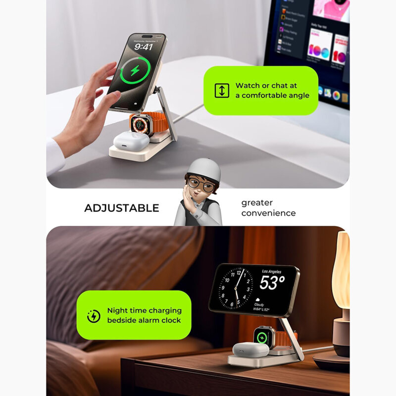Suport birou cu incarcare wireless, pliabil, 3in1 Lisen, alb