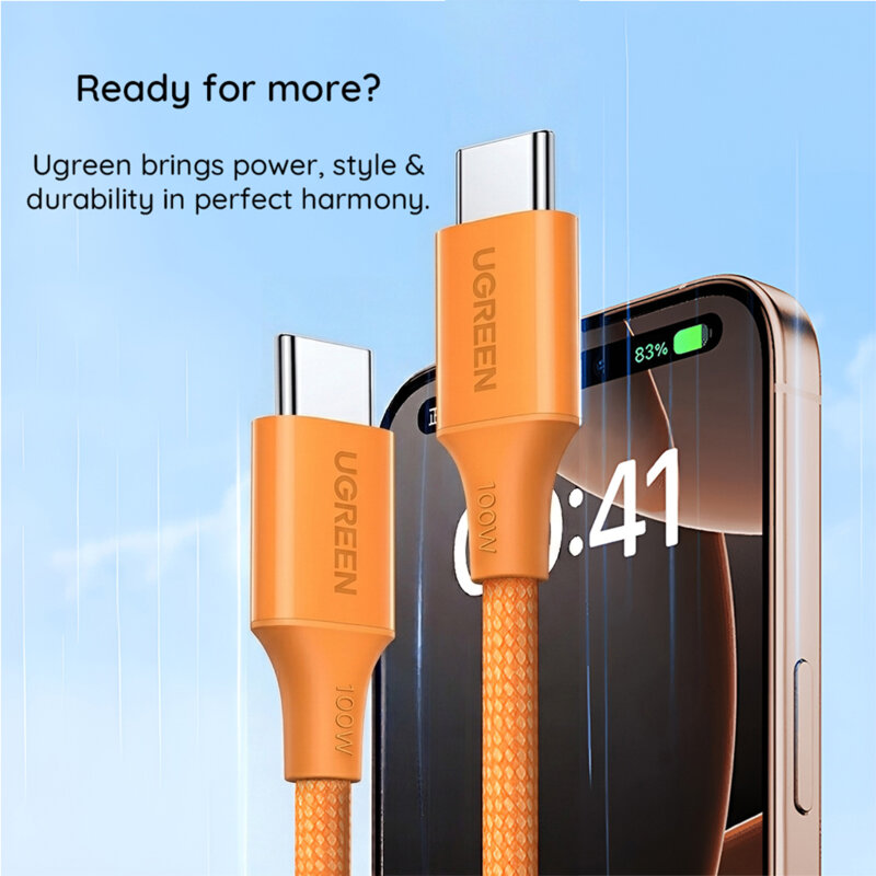 Cablu incarcare Type-C 100W, 5A, 1m Ugreen, portocaliu, 95493