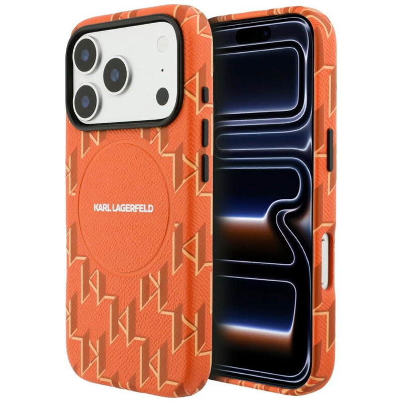 Husa iPhone 17 Pro Karl Lagerfeld Leather KL Monogram Logo MagSafe, portocaliu, KLHMP17L5PGKLMCO