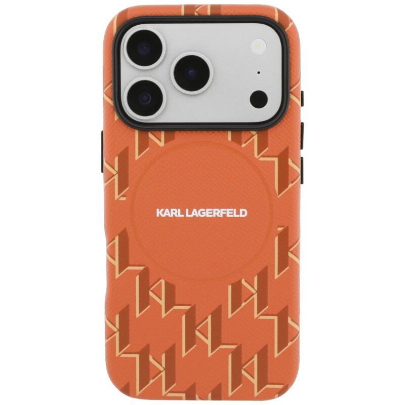 Husa iPhone 17 Pro Karl Lagerfeld Leather KL Monogram Logo MagSafe, portocaliu, KLHMP17L5PGKLMCO