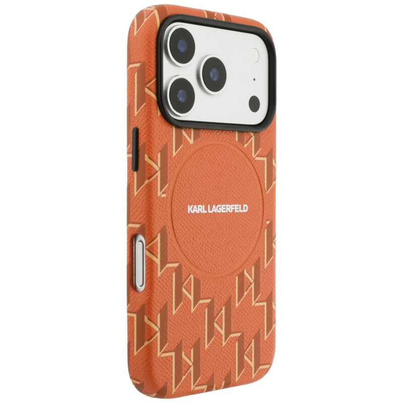 Husa iPhone 17 Pro Karl Lagerfeld Leather KL Monogram Logo MagSafe, portocaliu, KLHMP17L5PGKLMCO