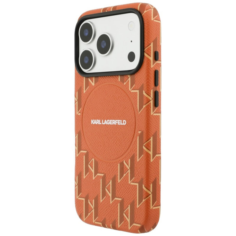 Husa iPhone 17 Pro Karl Lagerfeld Leather KL Monogram Logo MagSafe, portocaliu, KLHMP17L5PGKLMCO