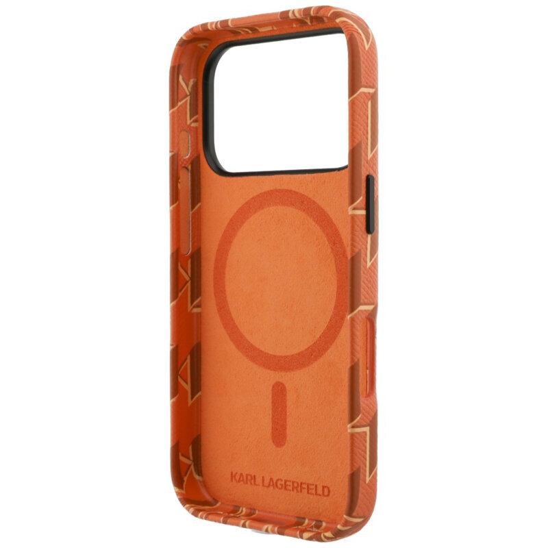 Husa iPhone 17 Pro Karl Lagerfeld Leather KL Monogram Logo MagSafe, portocaliu, KLHMP17L5PGKLMCO