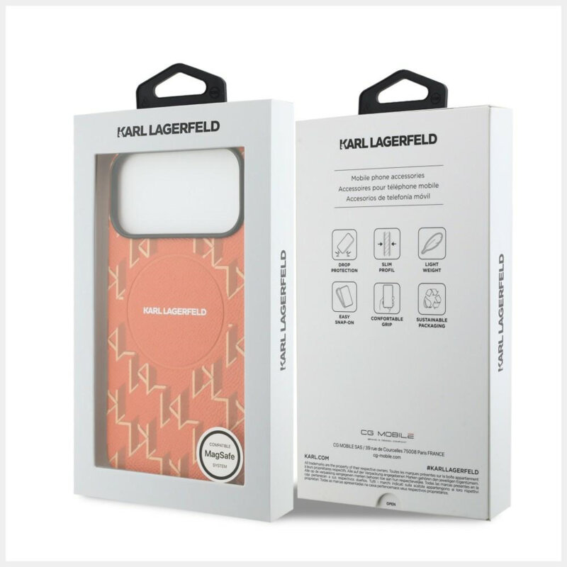 Husa iPhone 17 Pro Karl Lagerfeld Leather KL Monogram Logo MagSafe, portocaliu, KLHMP17L5PGKLMCO