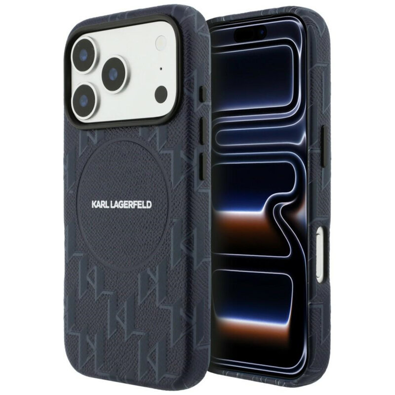 Husa iPhone 17 Pro Karl Lagerfeld Leather KL Monogram Logo MagSafe, albastru, KLHMP17L5PGKLMCB