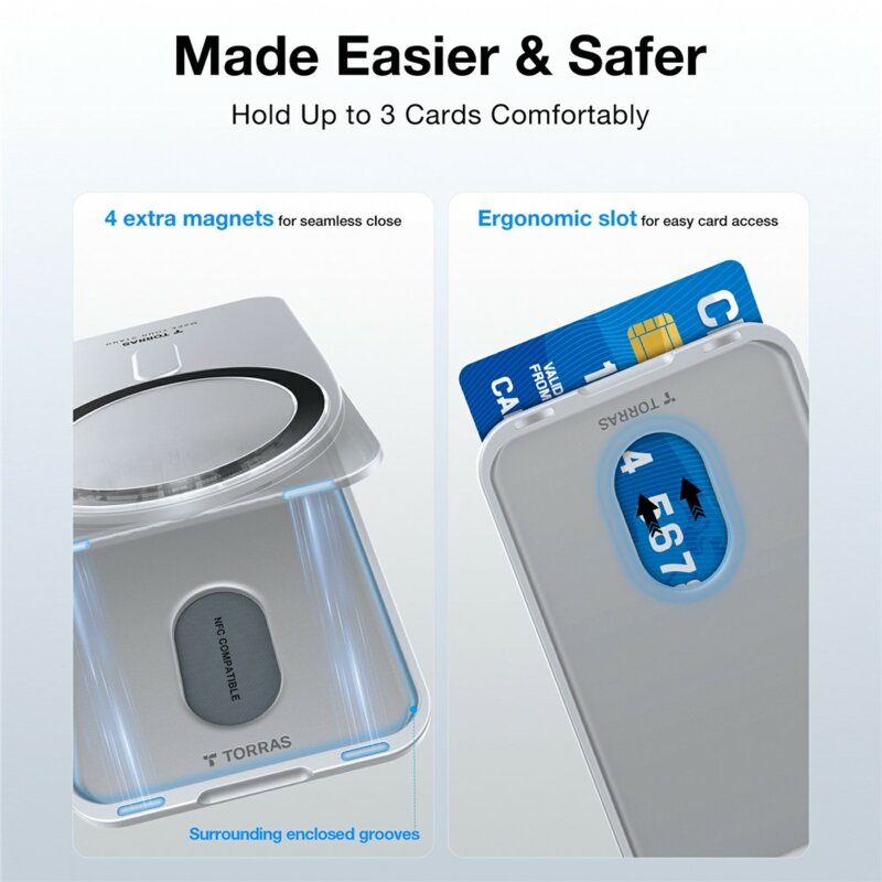 Portofel magnetic cu 3 compartimente card, Torras Slim Wallet, gri