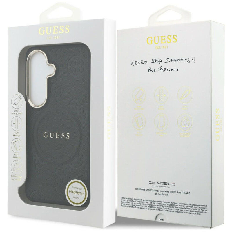 Husa Guess Saffiano Peony Embossed Ring MagSafe Samsung Galaxy S26 Plus, negru, GUHMS26MPSAMSECK